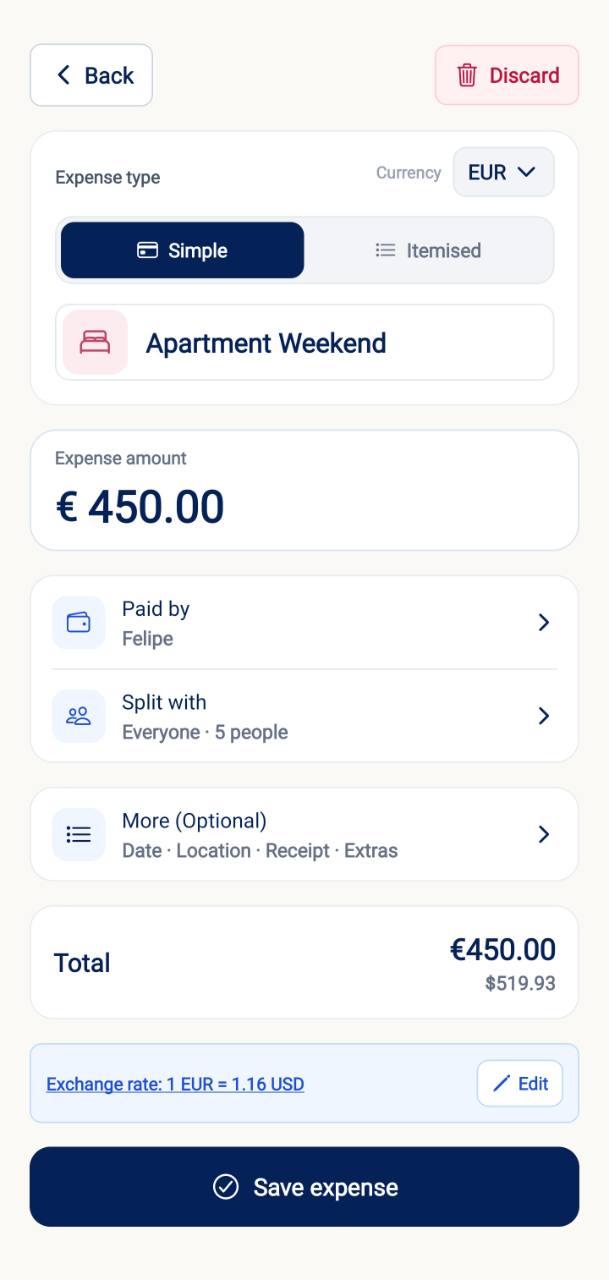 Creating an Apartment Weekend expense in Splitin